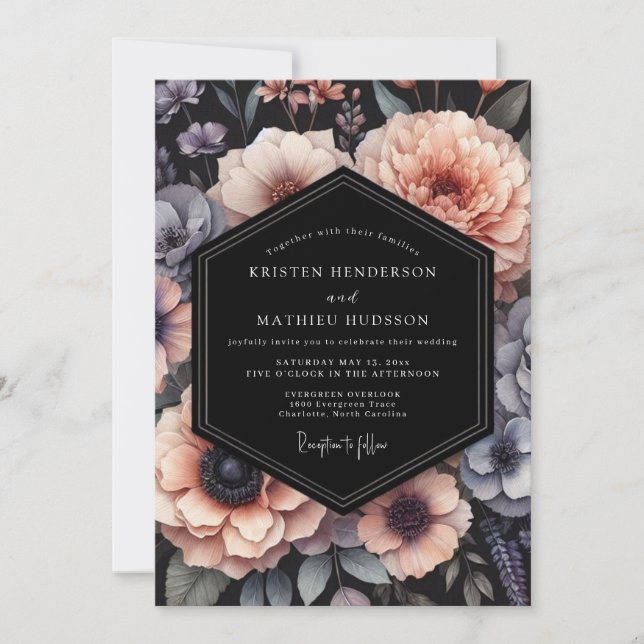 Bröllop med Blush & Skiffer Moody Blommor Inbjudningar (Framsida)