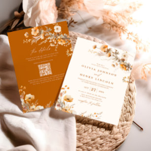 Bröllop med bränd orange höstblomma inbjudningar