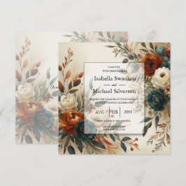 Bröllop med brända orange och blå höstblommor inbjudningar