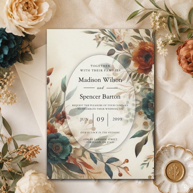 Bröllop med brända orange och blå höstblommor inbjudningar (Skapare uppladdad)