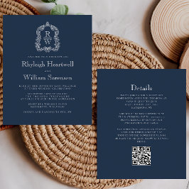 Bröllop med budget marinblå monogram-krönande QR-k