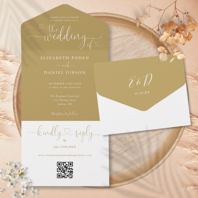 Bröllop med elegant guld QR-kod i form av Script H (Script Hearts Elegant Gold QR Code Wedding All In One Invitation)