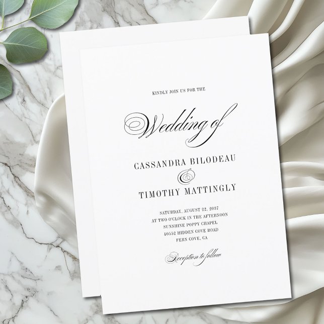 Bröllop med enkel romantisk svartvitt och vit Roli Inbjudningar (A simple, minimal, modern wedding invitation with  an elegant vintage flair)