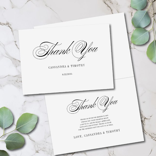 Bröllop med enkel romantisk svartvitt och vit Roli Tack Kort (Minimal modern thank-you cards with a vintage flair)