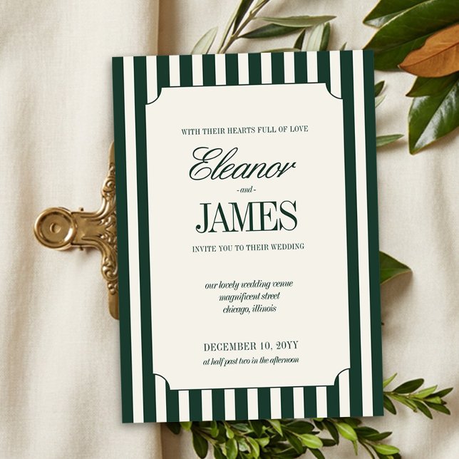 Bröllop med gammal peng jagad grön rand inbjudningar (Classic Wedding Invitation from the Green Stripe Old Money wedding collection by Darling & May)