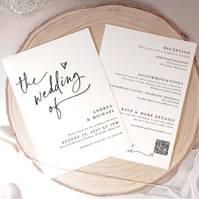 Bröllop med Handskrift och Hjärta Modern QR-kod Inbjudningar (Elegant handwriting wedding invitation with heart and details on back (all in one invite))