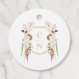 Bröllop med kaskad blomster monogram krön gåvor etiketter