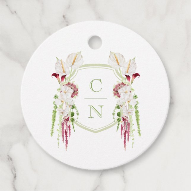 Bröllop med kaskad blomster monogram krön gåvor etiketter (Framsida)