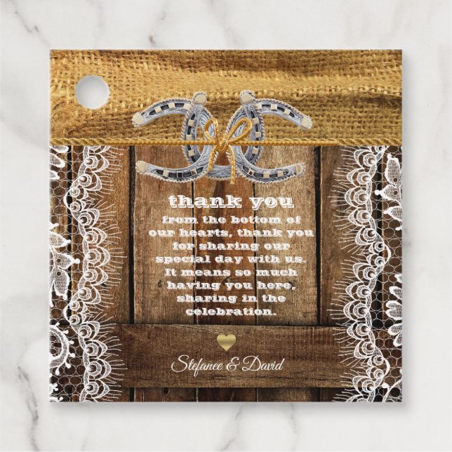 Bröllop med lantlig spets och hästskor gåvor etiketter (Framsida)