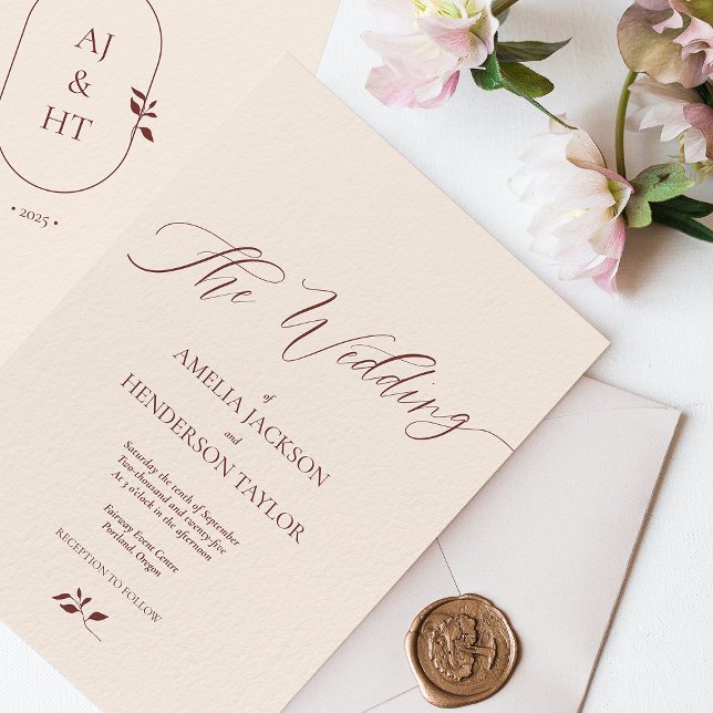 Bröllop med, minimalist Boho Terracotta Beige Inbjudningar (Minimalist Boho Beige Terracotta Script Wedding Invitation)