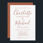 Bröllop med minimalistiskt terracotta-skript inbjudningar<br><div class="desc">Den här inbjudan från elegant bröllop som namnteckning stil namn kan vara personlig med dina uppgifter i chic terracotta-brev. Designad av Thisisnotme©</div>