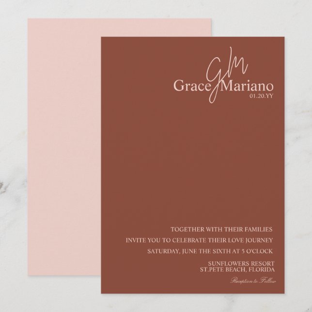 Bröllop med monogram Brun Rosa Script Logotyp   Inbjudningar (Fram/baksida)