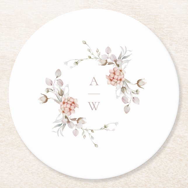 Bröllop med monogram i rosablommig design underlägg papper rund (Framsidan)