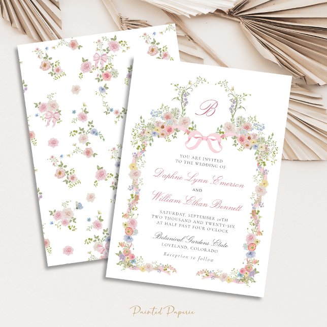 Bröllop med monogramm och vildblommor inbjudningar (Monogrammed Bows and Wildflowers Victorian Wedding Invitation
)