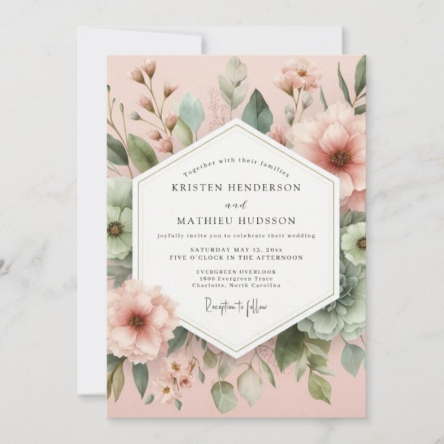 Bröllop med penseldrag botaniska blommor i rosaton inbjudningar (Framsida)