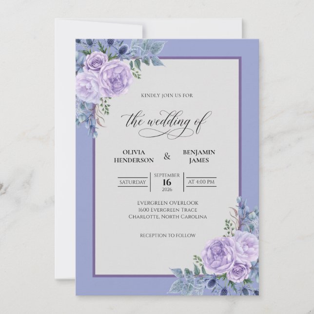 Bröllop med periwinkle ranunculus och salvia inbjudningar (Framsida)
