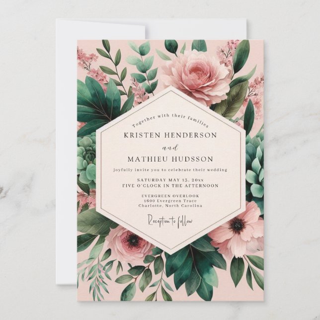 Bröllop med romantisk Blush Emerald Bloom Inbjudningar (Framsida)
