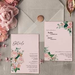 Bröllop med rosa blommor i alla detaljer inbjudningar