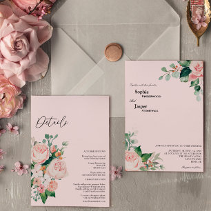Bröllop med rosa blommor i alla detaljer inbjudningar
