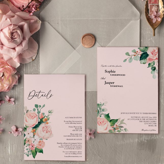 Bröllop med rosa blommor i alla detaljer inbjudningar (Skapare uppladdad)
