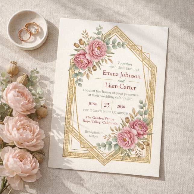 Bröllop med Rosa Blommor i Vattenfärg med Rosor &  Inbjudningar (Elegant Blush Floral Watercolor Roses & Eucalyptus Wedding Invitation)