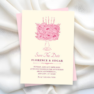 Bröllop med rosa blomsterbukett spara datumet