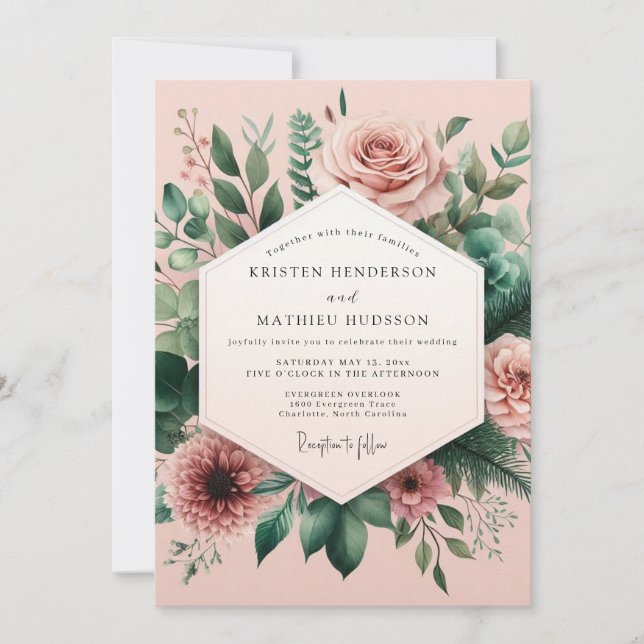 Bröllop med rosa botanisk fantasi inbjudningar (Framsida)