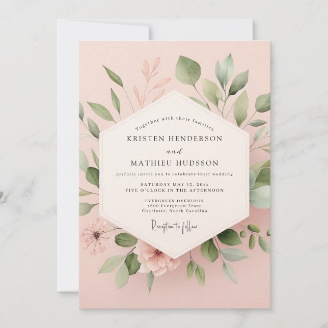 Bröllop med rosa botanisk romantik inbjudningar (Framsida)