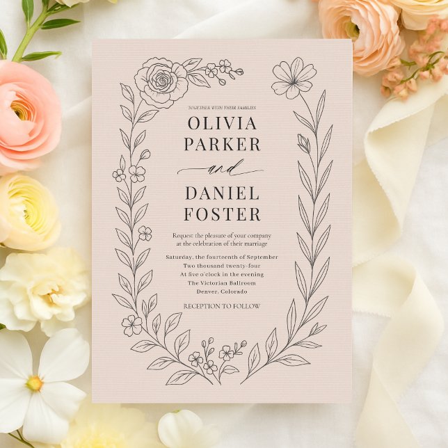 Bröllop med rosa botaniska blommor inbjudningar (Skapare uppladdad)