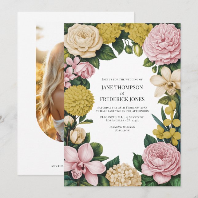 Bröllop med Rosa, Champagne & Guld Blommor Inbjudningar (Fram/baksida)