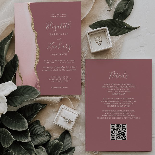 Bröllop med rosa guld Agat Damrosa QR-kod Inbjudningar (Skapare uppladdad)