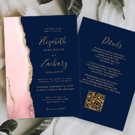 Bröllop med rosa guldagat och marinblå QR-kod Inbjudningar