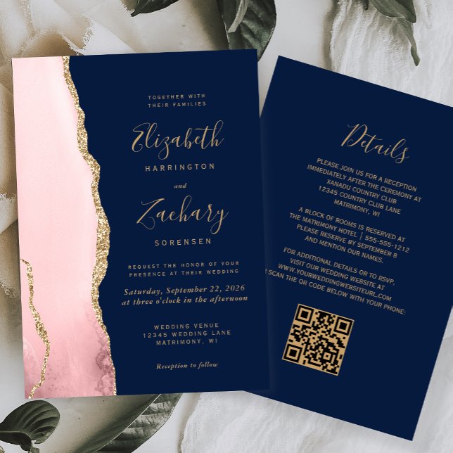 Bröllop med rosa guldagat och marinblå QR-kod Inbjudningar (Skapare uppladdad)