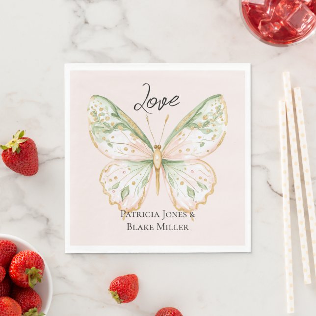 Bröllop med rosa mintgrön guld fjäril pappersservett (Insitu)