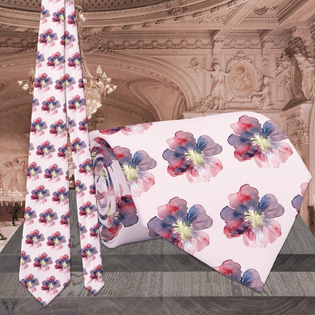 Bröllop med Rosa och Marinblå Akvarellblommor Slips (Skapare uppladdad)