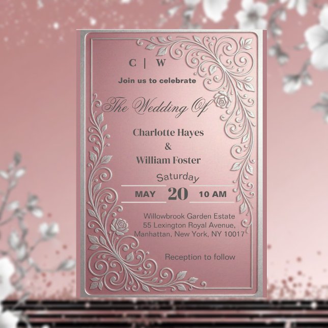 Bröllop med Rosa Ros Vin Glitter Silver Blommor Inbjudningar (Blush Pink Rose Vine Glitter Silver Floral Wedding Invitation)
