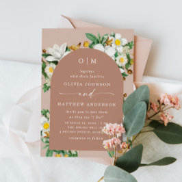 Bröllop med rosabeige blommor | Matt lerbåge + QR Inbjudningar