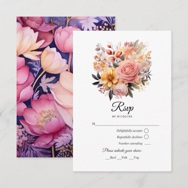 Bröllop med rosablommig och guldblommig inredning OSA kort (Fram/baksida)