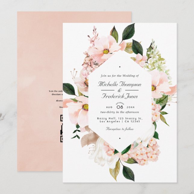 Bröllop med rosablommiga hydrangeor QR-kod RSVP Inbjudningar (Fram/baksida)