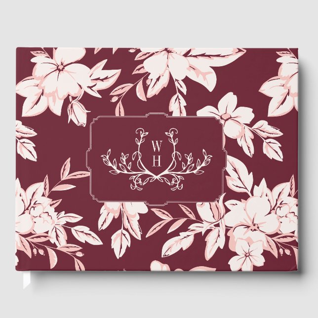 Bröllop med rosaburgunderblommor och monogram gästböcker (Framsida)
