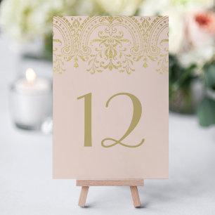 Bröllop med rosafärgad guld och vintage damask bordsnummer