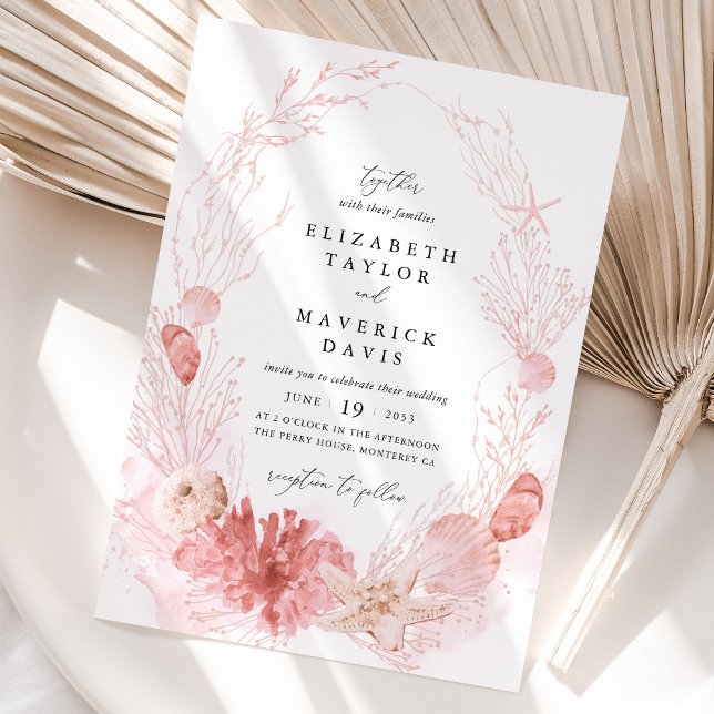 Bröllop med rosafärgad kust och snigelskal inbjudningar (Beach Wedding Invitation Blush Coastal Seashell Invitation Pink Ocean Destination Wedding Card)