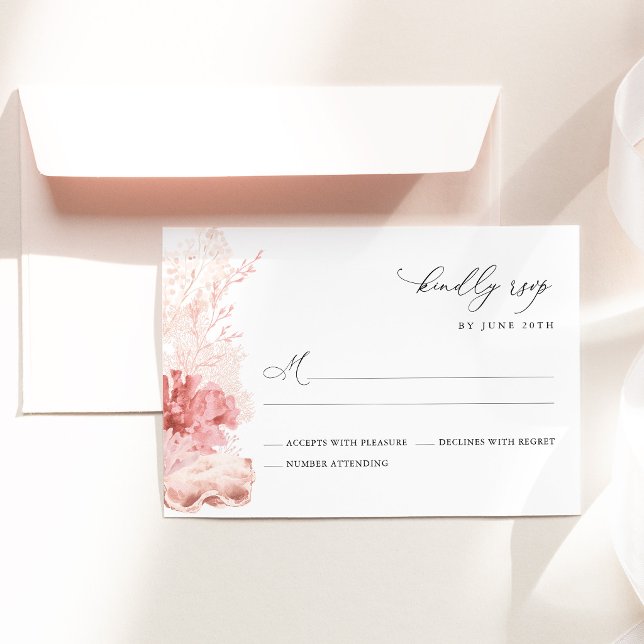 Bröllop med rosafärgad kusttema och snäckor OSA kort (Coastal blush Seashell Wedding RSVP Card Beach Wedding Stationery, Elegant Destination Respond Card)