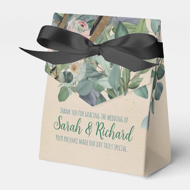 Bröllop med rosafärgade och salviafärgade blommor presentaskar (Framsidan Sidan)
