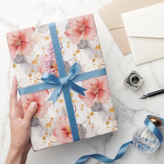 Bröllop med rosakoralgrå blommotiv presentpapper (Gifting)
