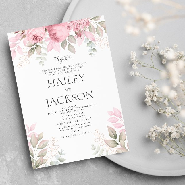 Bröllop med rosaktig mint och vit magnolia-blomma inbjudningar (Blush pink mint and white magnolia floral wedding invitation)