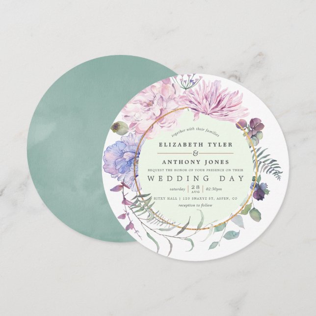 Bröllop med rosaktig och mint blomstergometri inbjudningar (Fram/baksida)