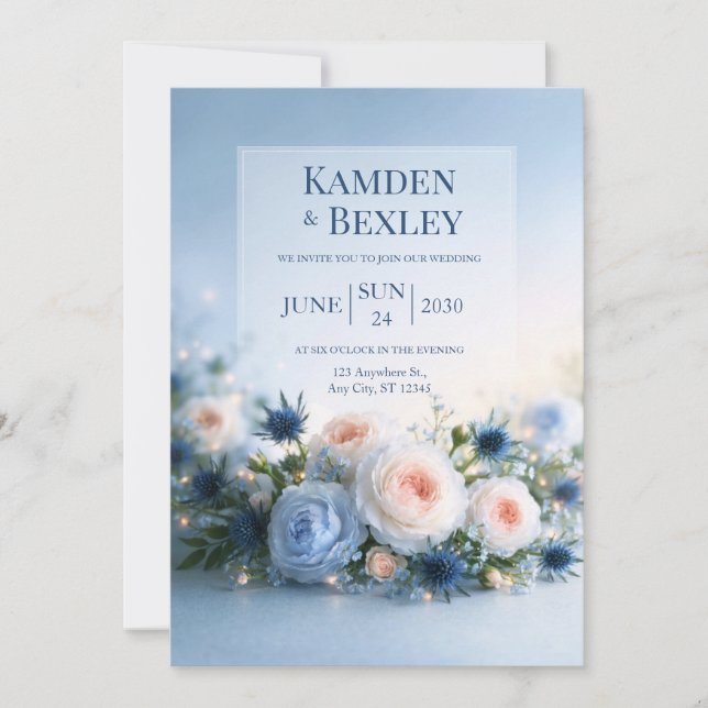 Bröllop med rosblå blomsterglöd i kanten inbjudningar (Framsida)