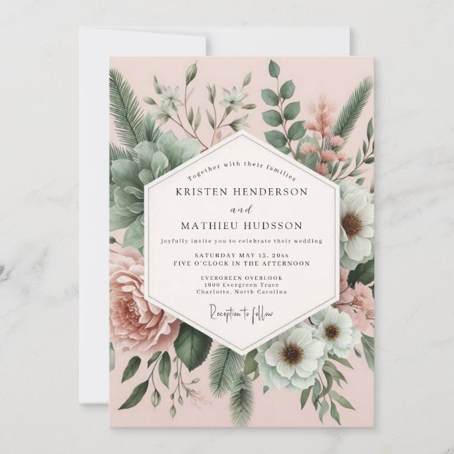 Bröllop med rosbotanisk romantik inbjudningar (Framsida)