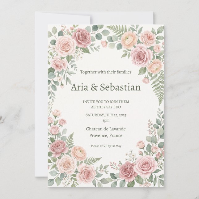 Bröllop med rosengrönska i rosé inbjudningar (Framsida)